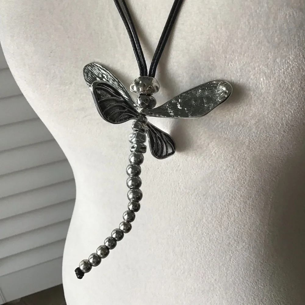 LAST 1! NEW Dragonfly Statement Necklace Movable Wings Gardener Black Cord Lucky